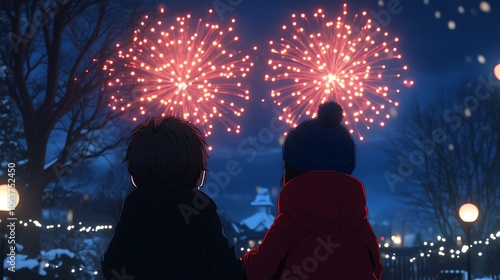 Children enjoying a magical winter evening watching fireworks together under glowing lights