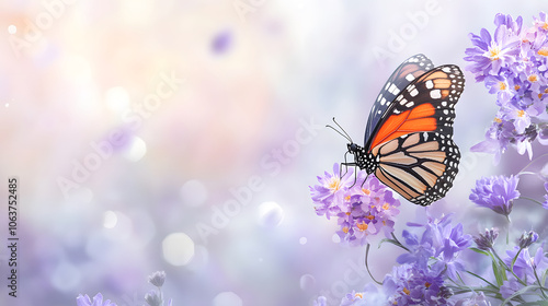 vibrant butterfly perched on delicate purple flowers, creating serene atmosphere