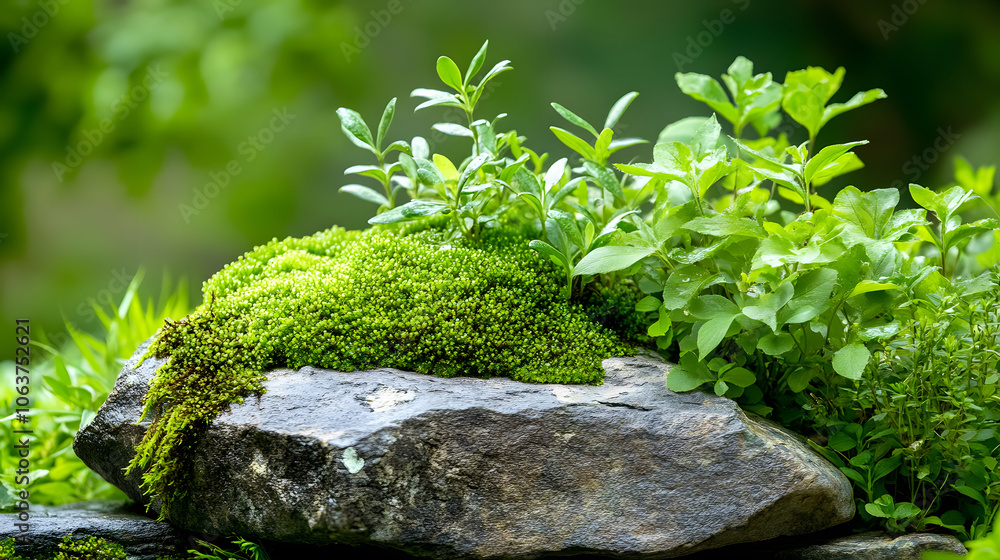Lush green moss and herbs growing on textured rock surface