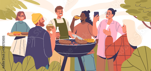 Friends Relaxing At A Lively Barbecue Party With Refreshments And Food Under The Warm Sun Creating A Joyful Atmosphere
