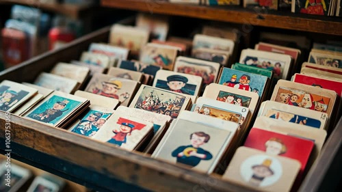 A close-up shot of a wooden shelf filled with vintage trading cards