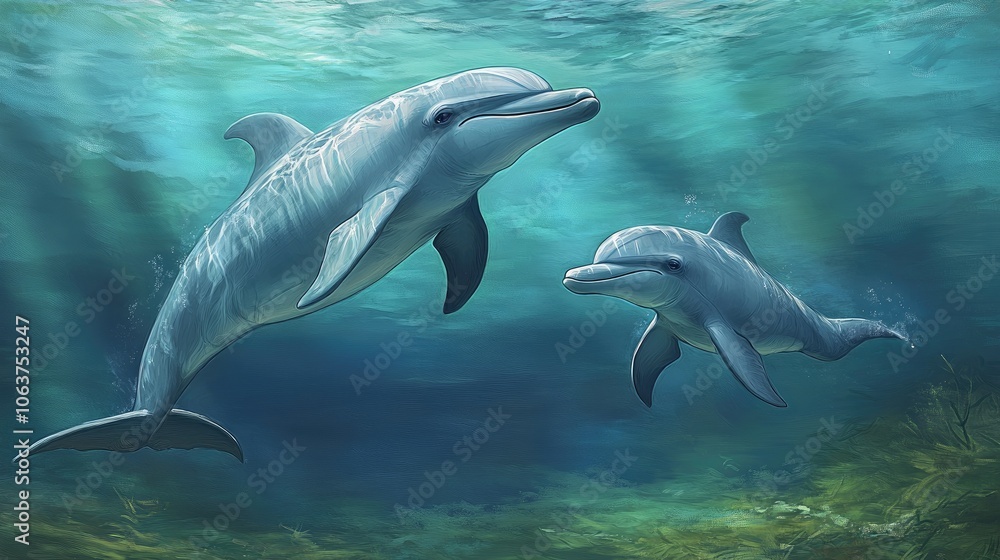 Fototapeta premium Graceful Dolphins Swimming in Clear Ocean Waters