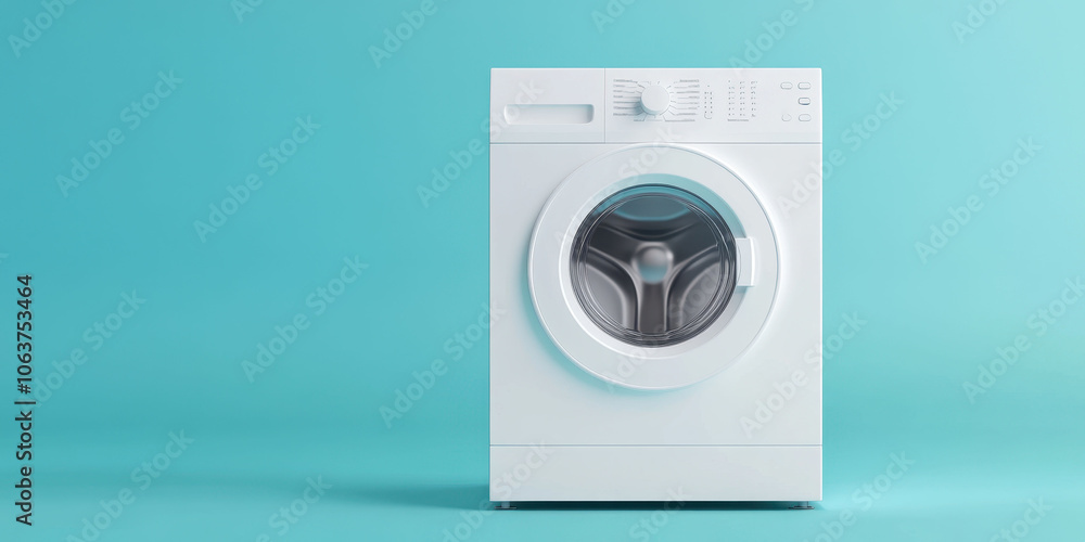 Modern white washing machine against a vibrant aqua background Modern white washing machine against a vibrant aqua background