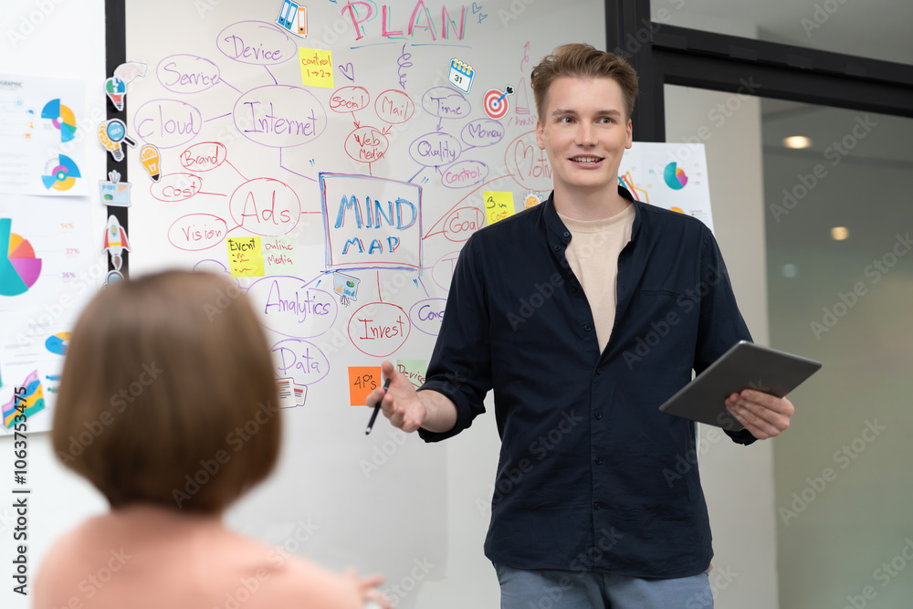 Professional male leader presents start up project by using mind map, colorful sticky notes and business statistic graph with confident while investor listening at business meeting. Immaculate. Professional male leader presents start up project by using mind map, colorful sticky notes and business statistic graph with confident while investor listening at business meeting. Immaculate.