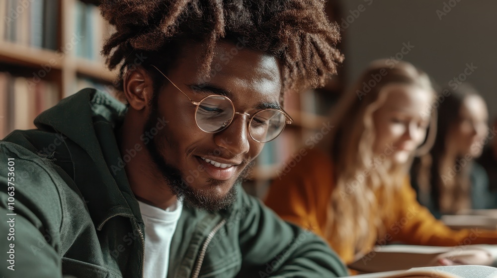 A smiling young man with glasses and styled hair sits in a library, surrounded by books and peers, creating a warm atmosphere of learning and friendship in a scholarly setting. A smiling young man with glasses and styled hair sits in a library, surrounded by books and peers, creating a warm atmosphere of learning and friendship in a scholarly setting.