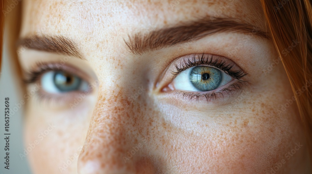A young woman gazes directly at the viewer, her blue eyes highlighted by the soft lighting. Freckles dot her cheeks, enhancing her natural beauty and vibrant expression. A young woman gazes directly at the viewer, her blue eyes highlighted by the soft lighting. Freckles dot her cheeks, enhancing her natural beauty and vibrant expression.