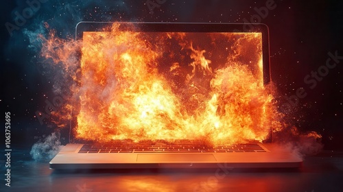 rocket bursts forth from a sleek laptop screen vibrant flames trailing behind against a crisp white background symbolizing innovation and creativity