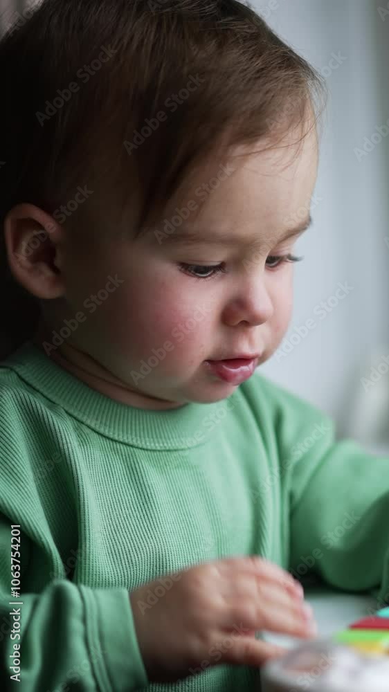 Lovely child standing at the window-sill with a toy in front of him. Cute baby pressing the buttons on the toy and then looks at camera. Close up. Vertical video Lovely child standing at the window-sill with a toy in front of him. Cute baby pressing the buttons on the toy and then looks at camera. Close up. Vertical video