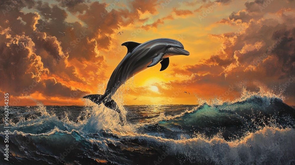 Fototapeta premium Dolphin Leaping Against a Colorful Sunset Background