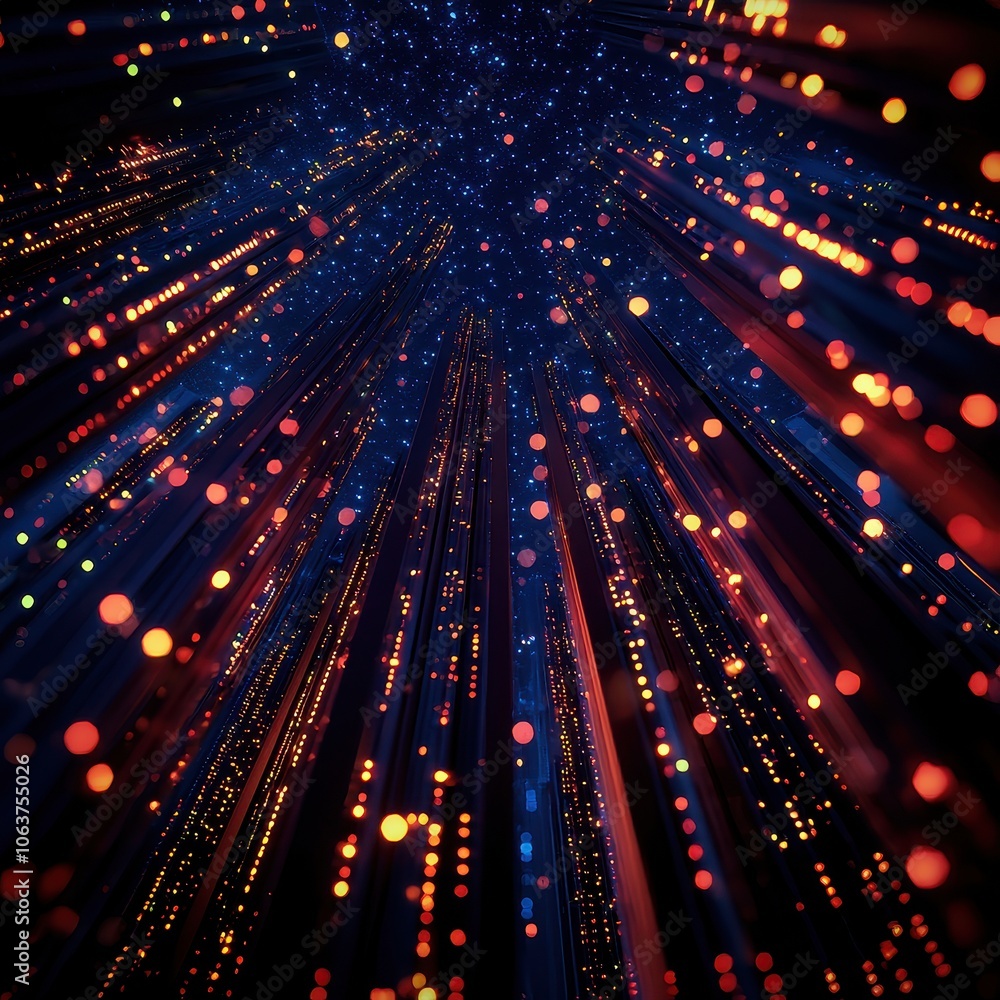 Vibrant digital effect with colorful light trails and glowing particles in a dark background. Vibrant digital effect with colorful light trails and glowing particles in a dark background.