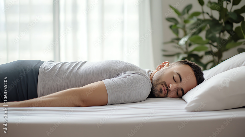 Man Napping on Bed in Modern Bedroom, Daytime Relaxation Man Napping on Bed in Modern Bedroom, Daytime Relaxation