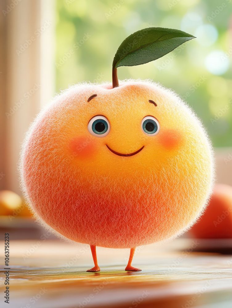 Cartoon peach character with a cheerful expression and leaf Cartoon peach character with a cheerful expression and leaf