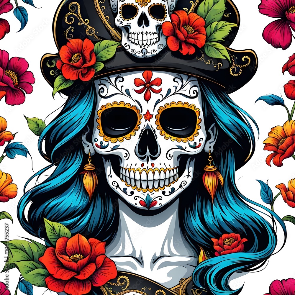 Drawing of a sugar skull pirate with flowers illustration. White background. Drawing of a sugar skull pirate with flowers illustration. White background.