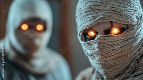 An up-close image of a hooded figure with intense glowing eyes, wrapped in fabric, evokes a sense of suspense and curiosity within a futuristic setting. photo