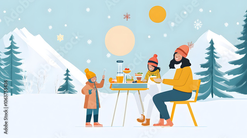 family enjoying healthy meal together in winter setting