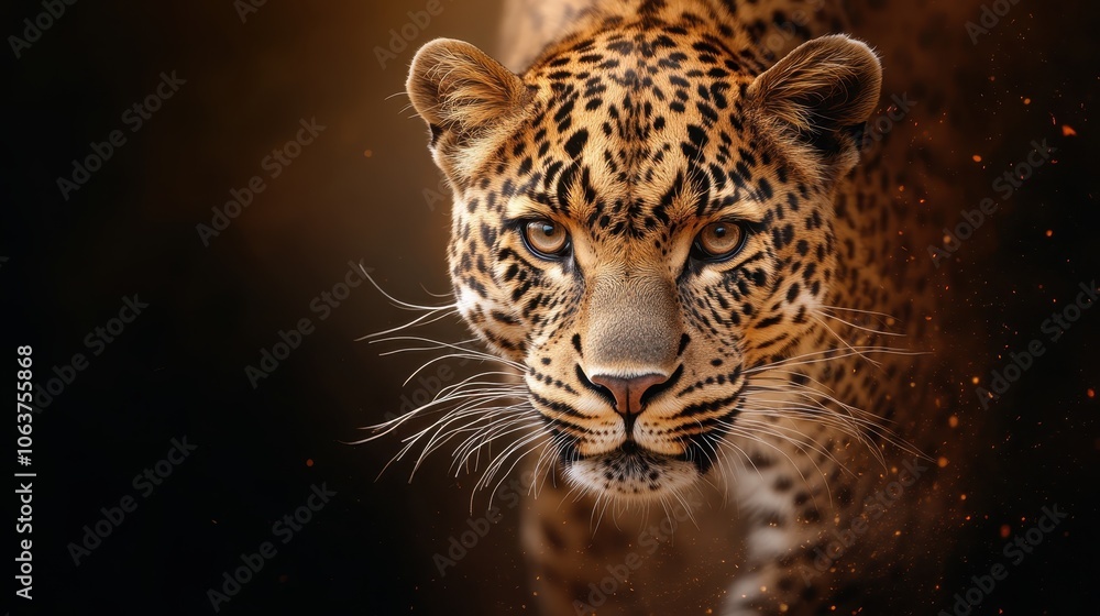A majestic leopard moves forward, showcasing its elegant spots and strong gaze, illuminated by warm, golden hues, creating a striking wildlife portrait. A majestic leopard moves forward, showcasing its elegant spots and strong gaze, illuminated by warm, golden hues, creating a striking wildlife portrait.