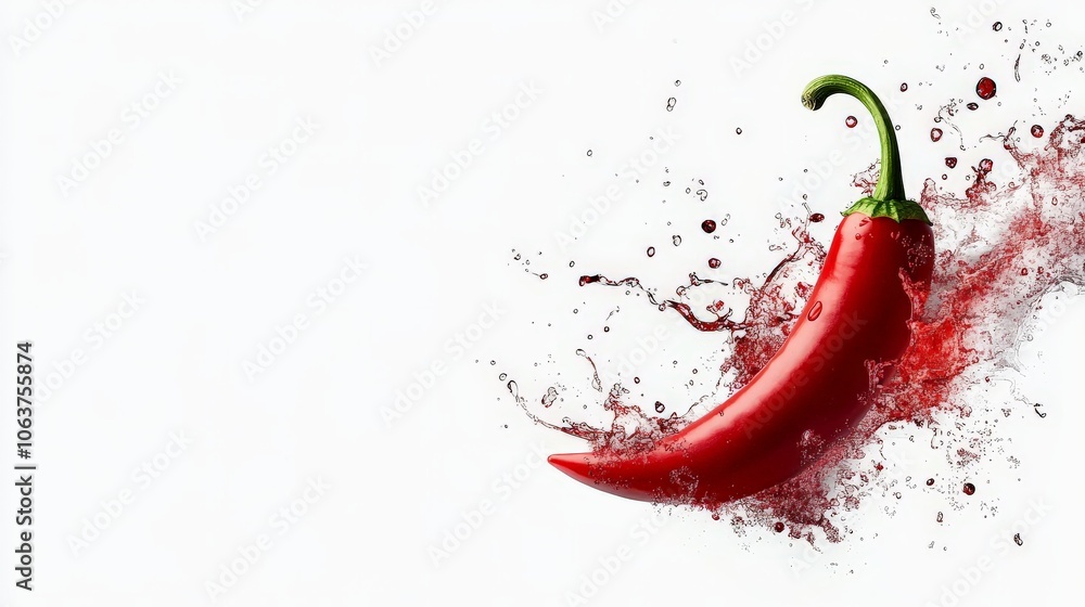 Red Hot Chili Pepper Splash: A vibrant red chili pepper bursts through water, its fiery red color juxtaposed against a clean white background, capturing the essence of spice and energy. Red Hot Chili Pepper Splash: A vibrant red chili pepper bursts through water, its fiery red color juxtaposed against a clean white background, capturing the essence of spice and energy.