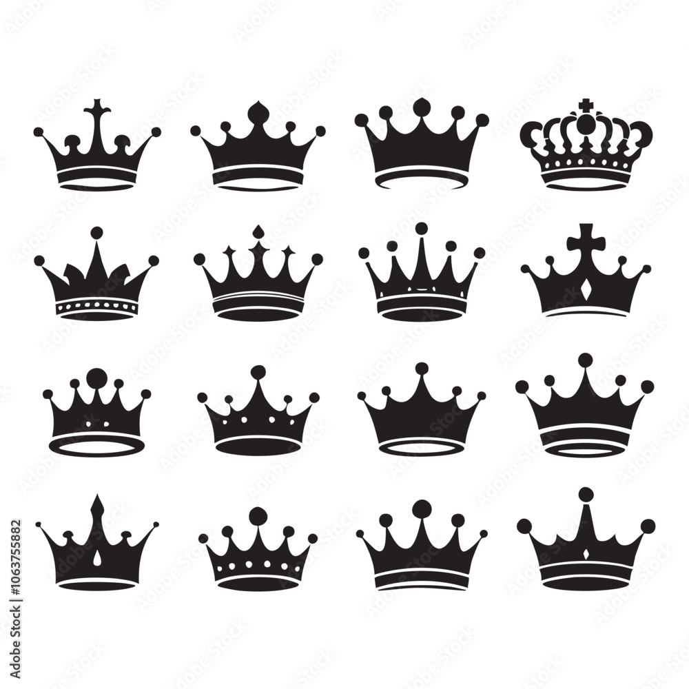 Silhouette set of crown on white background Silhouette set of crown on white background