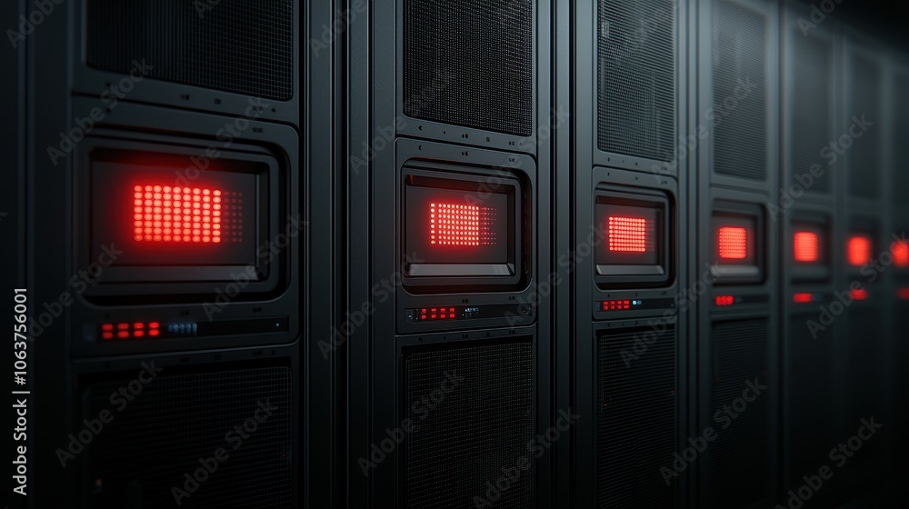Data center with multiple server racks glowing red lights, dark ambient atmosphere, modern technology setup. Data center with multiple server racks glowing red lights, dark ambient atmosphere, modern technology setup.