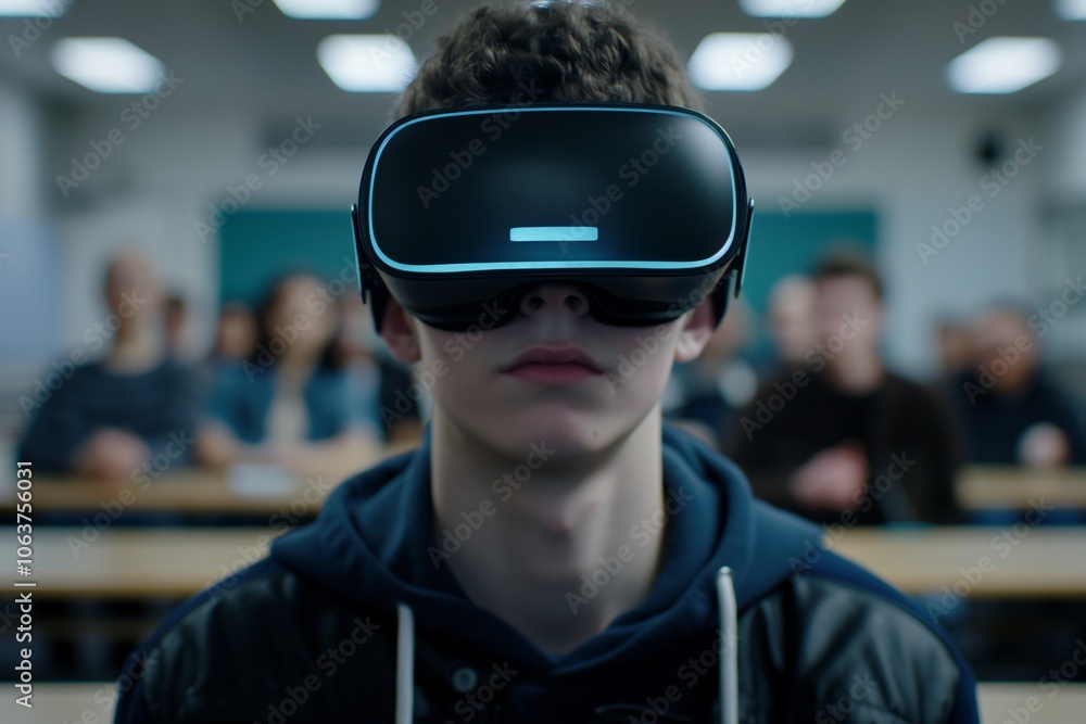 A teenage boy in a VR headset sits in a classroom, focused on the immersive experience A teenage boy in a VR headset sits in a classroom, focused on the immersive experience