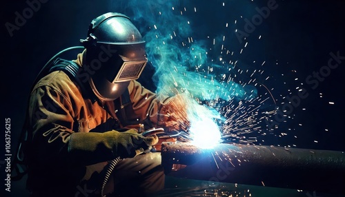 A diver welder man works on a pipe in the water 