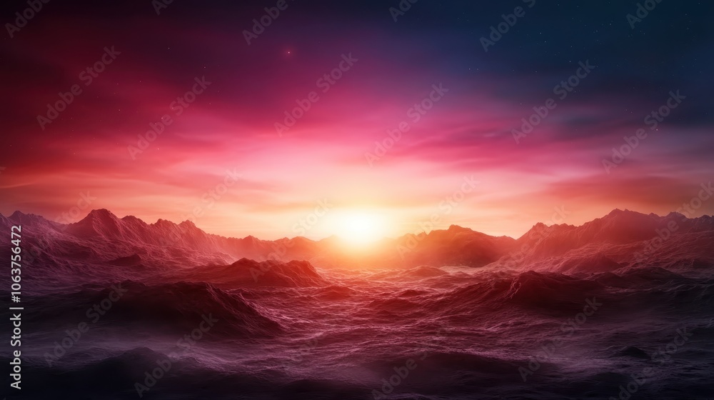 An otherworldly desert scene with a vibrant sunset creates a surreal vision, emphasizing the interplay between natural beauty and imaginative exploration. An otherworldly desert scene with a vibrant sunset creates a surreal vision, emphasizing the interplay between natural beauty and imaginative exploration.