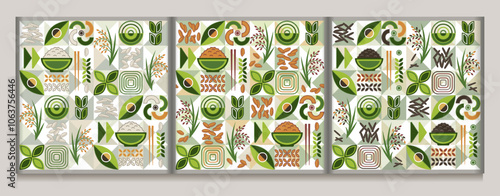 Set of seamless patterns with icons of white, black, brown rice, geometric shapes on mosaic background. For branding, decoration of food package, prints
