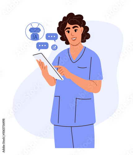 Doctor uses AI technology. Vector illustration in flat style