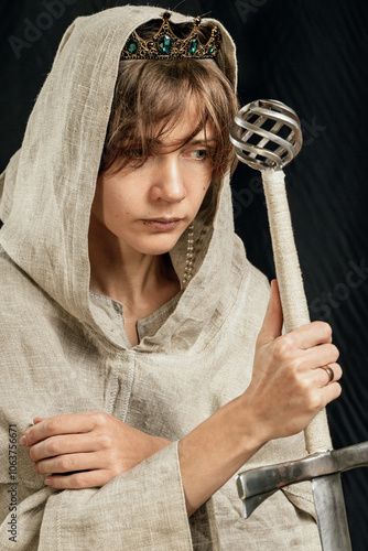 A princess with a diadem on her head, dressed in a monastic robe, holds a large two-handed sword in her hand photo