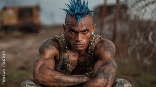 A fierce man with a bright blue mohawk and tattoos is seated in an urban setting, exuding confidence and strength against a backdrop of barbed wire and gritty surroundings. photo