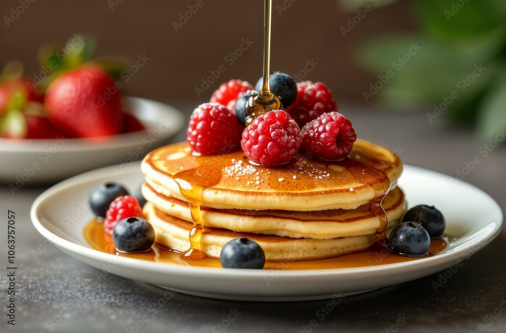 Delicious pancakes decorated with berries and drizzled with honey. Pancakes with fruit. Pancakes with strawberries and raspberries. Beautiful breakfast Delicious pancakes decorated with berries and drizzled with honey. Pancakes with fruit. Pancakes with strawberries and raspberries. Beautiful breakfast