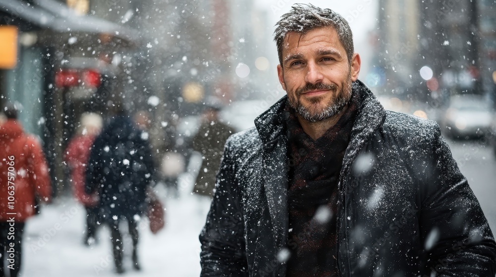 A man dressed warmly stands confidently in a bustling city blanketed by falling snow, capturing the essence of urban winter life and human resilience. A man dressed warmly stands confidently in a bustling city blanketed by falling snow, capturing the essence of urban winter life and human resilience.