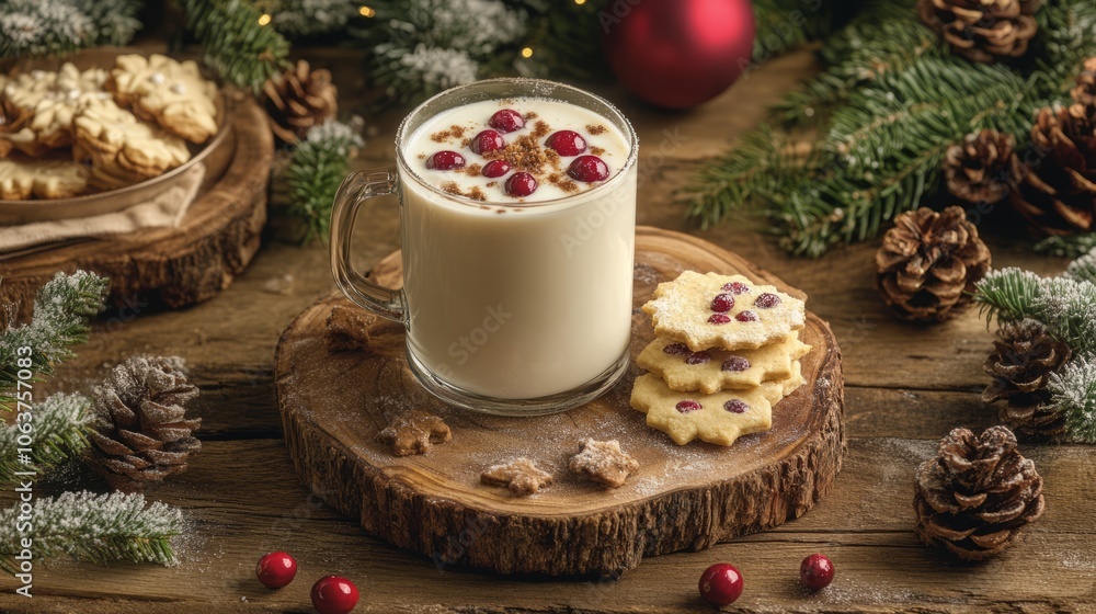 A cozy winter scene with milk and festive cookies. A cozy winter scene with milk and festive cookies.