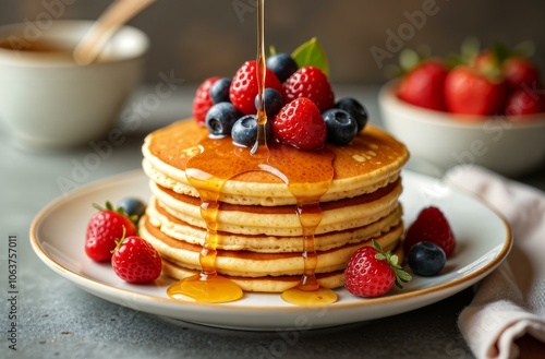 Delicious pancakes decorated with berries and drizzled with honey. Pancakes with fruit. Pancakes with strawberries and raspberries. Beautiful breakfast