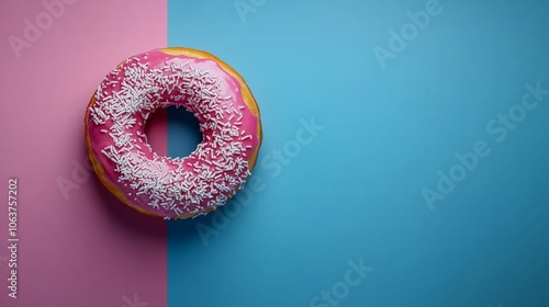 Pink Donut Delight: A single pink donut with white sprinkles is perched on a vibrant pink and blue background, inviting a sweet and playful mood. 