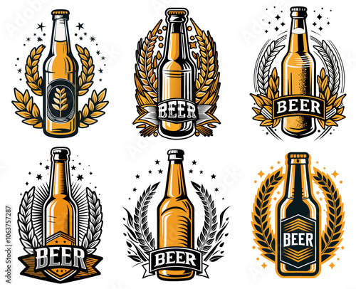 Six different vintage emblems featuring beer bottles surrounded by malt and stars, perfect for brewery logos and labels, celebrating the brewing tradition