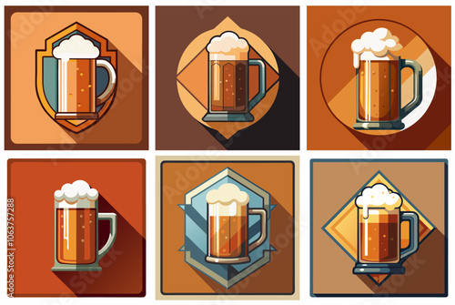 Six different illustrations of beer mugs with foam on top, in square frames showing long shadows, are presented in a flat design style