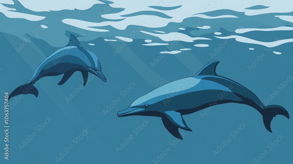 Two playful dolphins swimming gracefully underwater in a serene blue ocean. Two playful dolphins swimming gracefully underwater in a serene blue ocean.