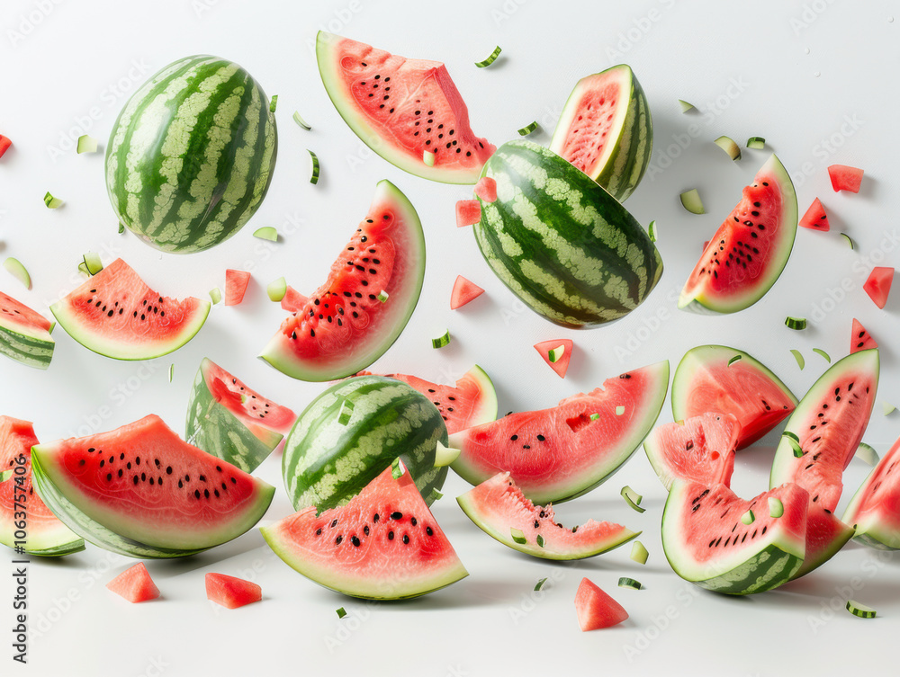 Various falling fresh ripe watermelon on light white background Various falling fresh ripe watermelon on light white background