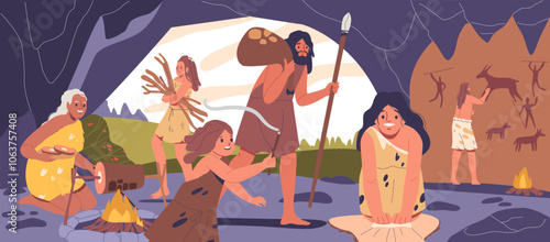 Prehistoric Family Engaged In Various Activities Inside A Stone Age Cave Setting With Cave Paintings On The Walls