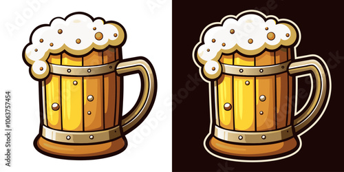 Cartoon style wooden beer mug, complete with metal bands and a generous head of foam, is depicted against both white and dark backgrounds, offering versatile design options