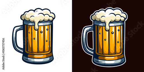 Two variations of a refreshing beer mug overflowing with a frothy head, perfect for representing bars, pubs, breweries, and the enjoyment of a cold beverage