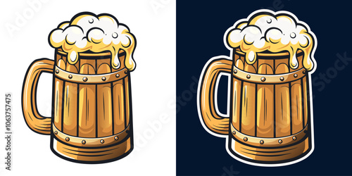 Wooden beer mug, overflowing with frothy beer, is depicted on both a white and dark background, offering versatility for various design applications