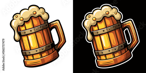 Wooden beer mug, overflowing with frothy beer and bubbles, evokes the atmosphere of a traditional tavern or oktoberfest celebration