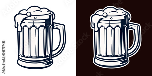 Vintage monochrome illustration featuring a classic beer mug brimming with frothy beer, capturing the essence of a refreshing brew, perfect for bar, pub, or brewery branding