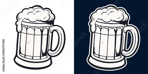 Large beer mug overflowing with thick, white foam, presented in a striking black and white design, perfect for conveying the refreshing and enjoyable experience of a cold beer