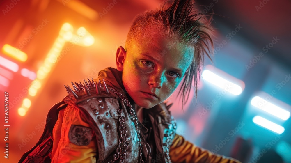 A rebellious child with a mohawk hairstyle and spiked punk jacket stares intensely, evoking themes of defiance, individuality, and youthful rebellion in a neon-lit setting. A rebellious child with a mohawk hairstyle and spiked punk jacket stares intensely, evoking themes of defiance, individuality, and youthful rebellion in a neon-lit setting.