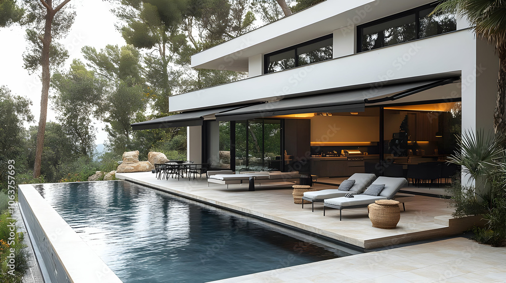 Fototapeta premium Modern House with Pool and Patio Illustration