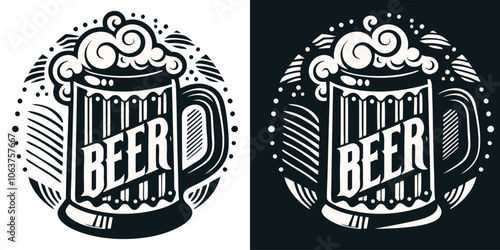 Vintage monochrome round emblem featuring a beer mug with overflowing foam, perfect for brewery or pub logos, emphasizing a classic and traditional beer drinking experience