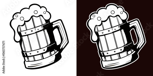 Vintage style illustration presents a wooden beer mug overflowing with frothy beer, capturing the essence of a refreshing brew in a classic and rustic design
